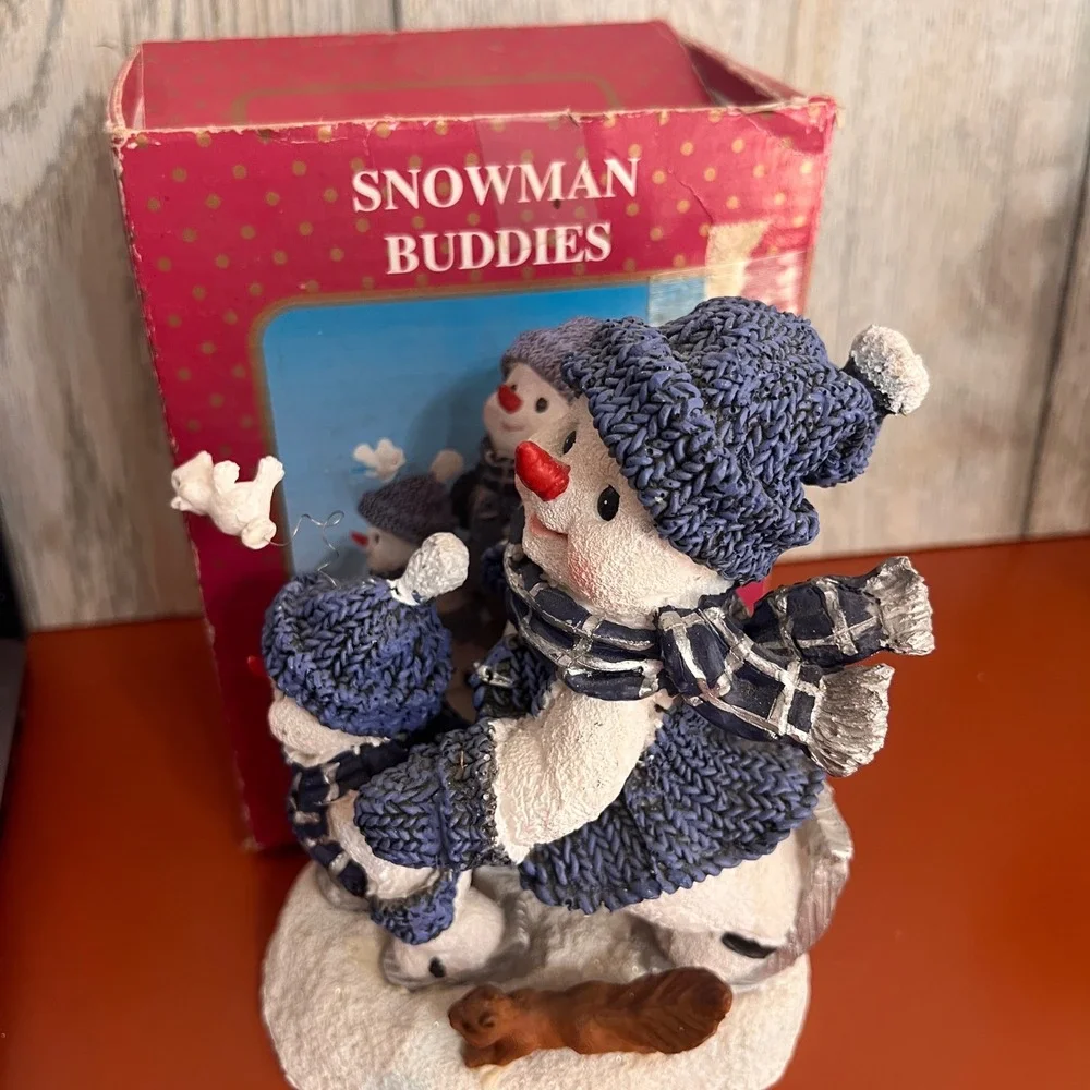 Snowman Buddy Family Ice Skating Figurine Blue Knit Sweaters Squirrel Bird